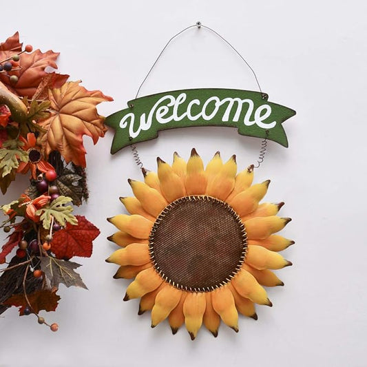 Sunflower Welcome Sign Metal Hanging Welcome Plaque for Wall Front Door - Decorative Flower Yard Signs Spring Wreath Decor for Garden Porch Patio Backyard (F)