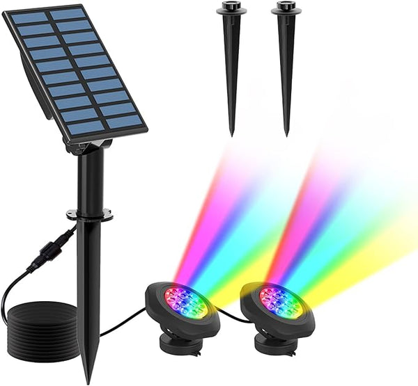T-SUN Solar Pond Lights, IP68 Waterproof RGB LED Submersible Lights, 2-in-1 Floating & Stake Modes, Underwater Fountain Light for Garden, Pool, Fish Tank, Outdoor Pond Decoration
