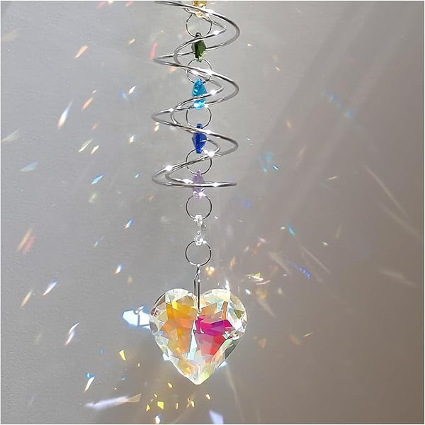 Big Heart Crystal Sun Catchers for Windows Hanging, Double-Spiral Design Gazing Ball Spiral Tail, Rainbow Maker Prism, Sun Catchers Indoor Window for Kitchen, Patio, Porch, Garden(AB-Silver)