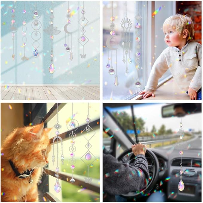 Sun Catchers, 10 Pieces Colorful Crystal Suncatcher with Chain Pendant Ornaments Hanging Crystals Prism Rainbow Maker for Windows Indoor Outdoor Car Mirror Garden Decor Wedding Party Xmas Gift (10)