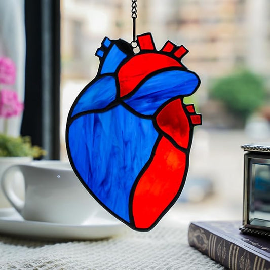 Heart Stained Glass Window Suncatchers - Red Heart Window Decor, Glass Art Housewarming Gifts for Women, Men & Dad