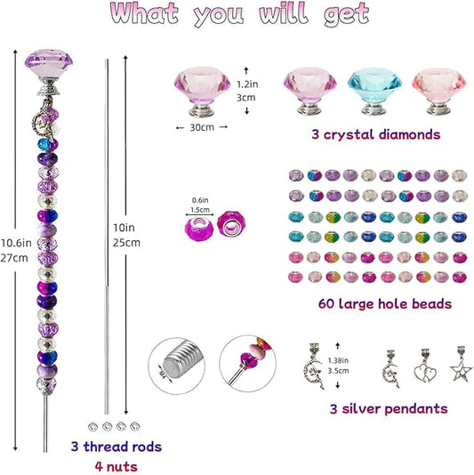 72Pcs DIY Fairy Wand Beaded Garden Stakes Kit Fairy Wands Kit for Different Festivals Fairy Garden Accessories Outdoor Fairy Garden Stakes Decorative, Diamond-(Purple+Lake Blue+Pink)