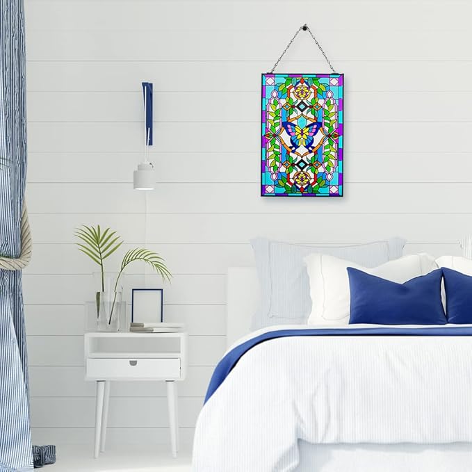 Viveta Butterfly Stained Glass Window Hangings, 10" W x 15" H Suncatcher Panel Windows Wall Decor with Metal Frame & Chain