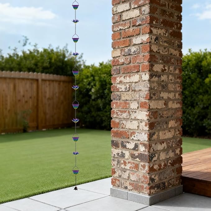 9.97ft Lotus Rain Chain for Outside, Metal Rain Chain with 16 Cups, Adjustable Rain Catcher Chain for Outside, Replacement Downspout for Gutters, Eaves, Drainage