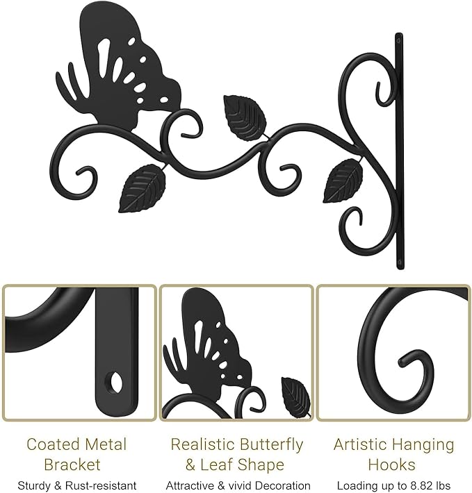 2Pack Hanging Plants Bracket Outdoor,12 Inch Plant Hooks for Hanging Baskets Wall-Mounted Gardening Bracket Hook for Bird Feeders,Flower Baskets,Lantern,(Butterfly)
