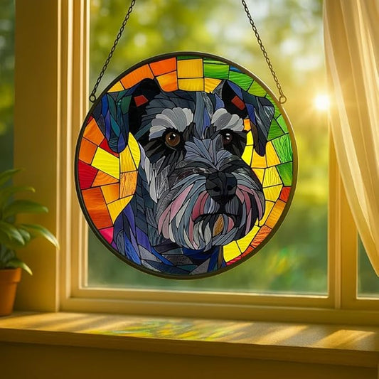 Stained Glass Window Hanging Schnauzer Dog, 7.8in Sun Catchers Panel for Indoor Decorative Display for Mom, Wife, Lovers, Festive