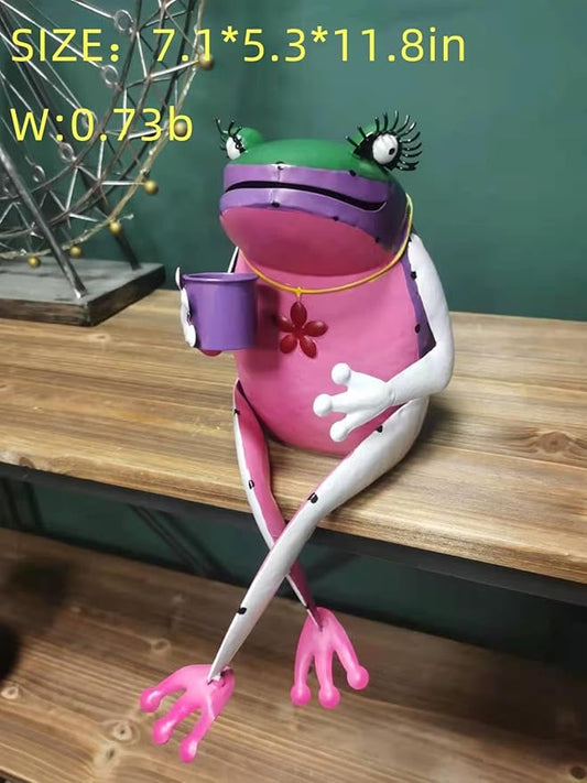 Metal Frog Outdoor Garden Ornament Decoration, Yard/Balcony/Flower Pot Art Statue Decorations, Funny Cute Animal Frogs Iron Vintage Statues (Pink-A)