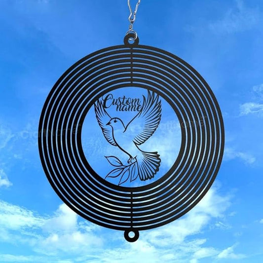 Personalized Dove of Peace Metal Wind Spinner, Custom Hanging Ornament for Outdoor Display, Kinetic Yard Sculpture, Peaceful Gift (Dove of Peace Garden Wind Spinner)