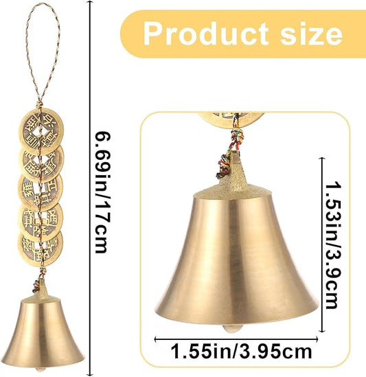 2 PCS Hanging Bells for Door, Feng Shui Coins, Chinese Feng Shui Bell Wind Chime, Brass Hanging Decor with Coins for Wealth Protection Good Luck, Indoor Outdoor Car Decor