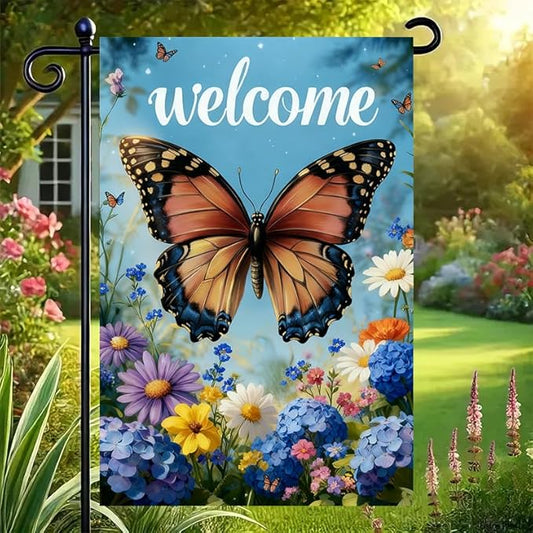 Welcome Spring Summer Garden Flag 12x18 Double Sided, Burlap Seasonal Farmhouse Rustic Butterfly Hydrangea Floral Garden Flags Spring Outdoor Decor, Small Decorative Yard Lawn Porch Flags for Outside