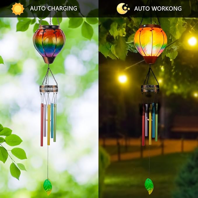 Starsoul Solar Wind Chimes for Outside, Colourful Hot Air Balloon with Flickering Flame Solar Wind Chime, Glass Windchimes Outdoors Garden Decor, Gift for Mother's Day Mom Grandma