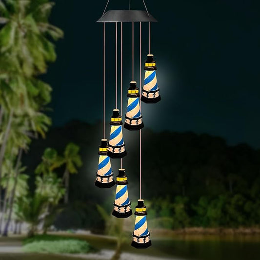 Lighthouse Wind Chimes Outdoors Solar Hanging Lighthouse Decorative Outdoor Lighthouse Solar Lighthouse Windchime(Blue)