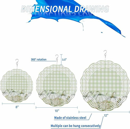 Stainless Steel Wind Spinner for Yard Garden Decoration, Pumpkin Green Hydrangea Plaid Botanical Fall Round Wind Sculpture Spinner 3D Crafts Hanging Ornaments for Indoor Outdoor, 8 Inch