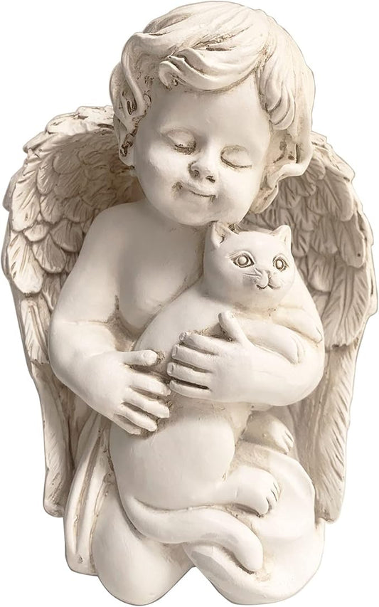 7" Resin Angel with Cat Statue, Pet Cat Memorial Sculpture, Indoor/Outdoor, White