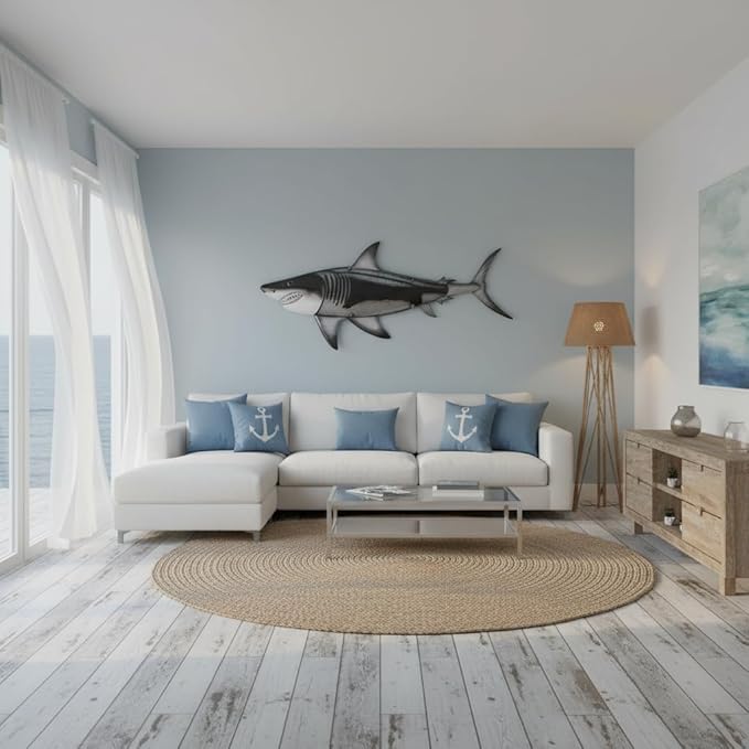 LIFFY Metal Shark Wall Decor, 36 Inch Large Fish Wall Art with Glass Accents, Hanging Ocean Theme Artworks Sculpture Decorations for Indoor Outdoor, Unique Nature Gift for Sharks Lover