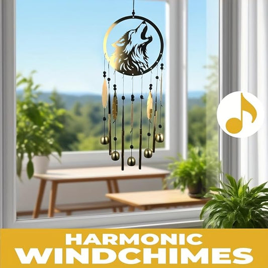 Wolf Dream Catcher Wind Chimes for Outside, Gold Metal Howling Wolf Windchimes with Bells & Feathers, Gift for Wolf Lovers Chimes Wolves(Golden Wolf)