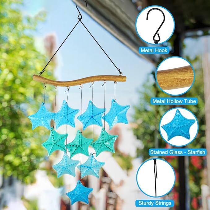 Vindar 28" Blue Starfish Glass Wind Chimes, Outdoor & Indoor Decor, Memorial Gift, Weather Resistant