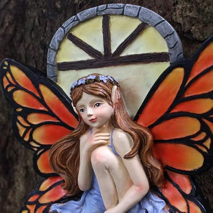 Fairy Out The Window Tree Hugger Garden Statue, Glow in The Dark Resin Fairy Figurine Wall Art Sculpture Outdoor Tree Faces Decor for Patio Lawn Yard Ornaments (Red)