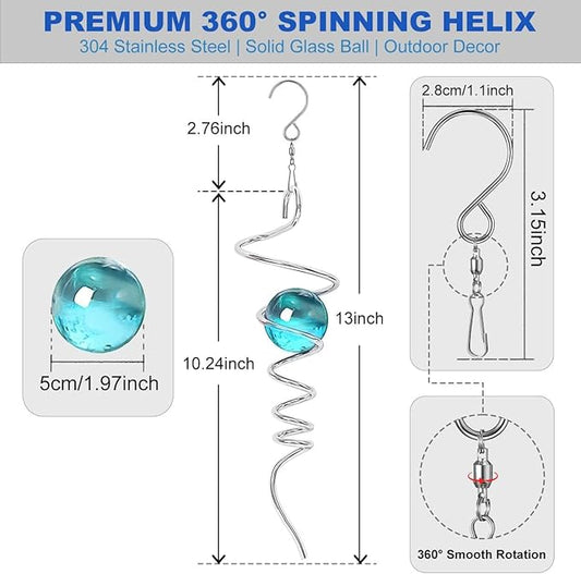 Gazing Ball Spiral Tail Spinfinity Wind Spinner, 13 Inch Stainless Steel with 360° Swivel Hook Hanging, Blue Crystal Glass Orb Captivating Visual Illusion Spinning for Garden Yard Patio Decor Gift