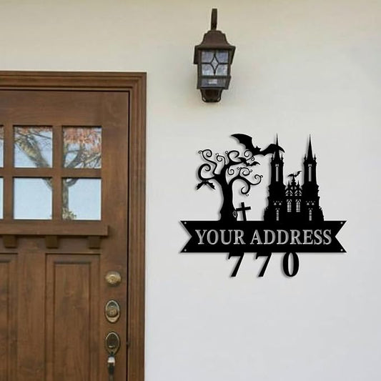 Personalized Gothic House Number metal Signs,Custom Address Number Metal Wall Art Decor,Black Plaques Outdoor wall Decorative Signage,Shed(8-30 Inches) (Castle C)