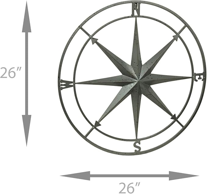 Zeckos Weathered Silver Finish Metal Nautical Compass Rose Wall Décor Hanging - Large 26 Inch Diameter Maritime Art Piece for Timeless Coastal Charm - Easy To Hang