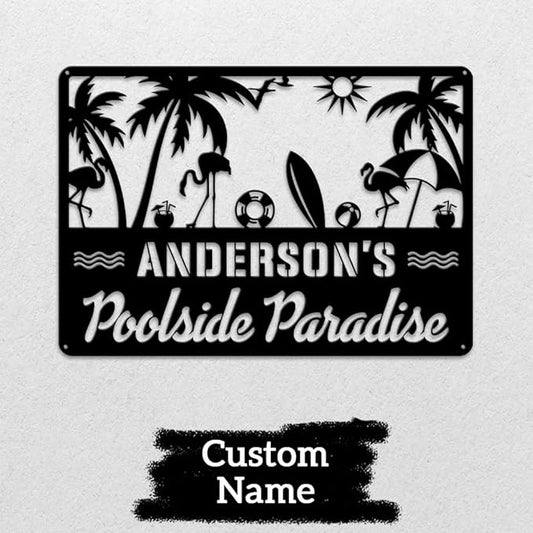 MeMate Outdoor Decor - Personalized Metal Sign for Pool, Patio, Porch, Deck - Flamingo Large Sign for Outside - Housewarming Gift