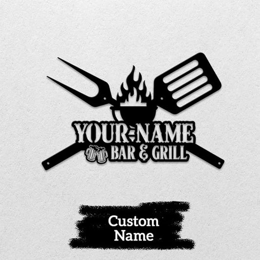 MeMate Personalized Outdoor Sign, Bar and Grill Signs for Backyard Patio, Personalized Name Metal Sign, Customized Outdoor Signs, Large Plaque Wall Hanging Art for Men Caves, Porch, Deck