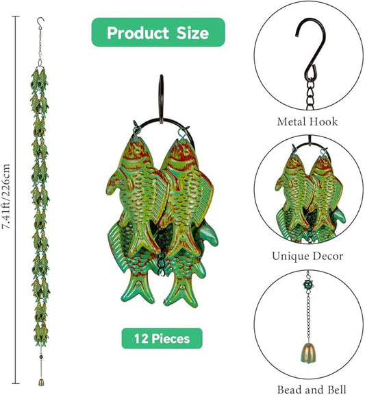 7.4ft Rain Chains for Gutters, Fish-Shaped Rain Chain with 12-Piece, Adjustable Rain Catcher Chain with Bell, Replacement Downspout for Gutters, Eaves, and Drainage