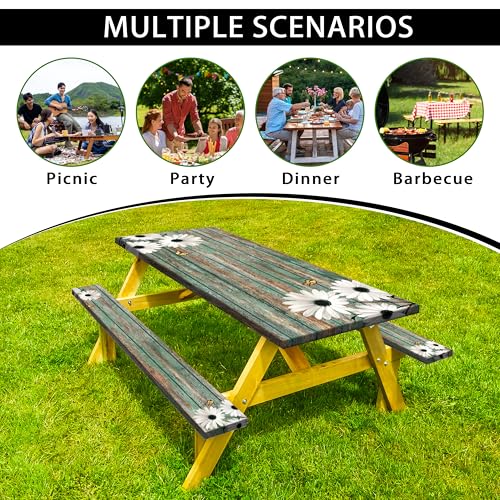 Daisy Flowers Picnic Table Cover with Bench Covers Camping Essentials Wooden Grain Outdoor Table Covers with Elastic Waterproof Fitted Tablecloth for RV Picnic Travel