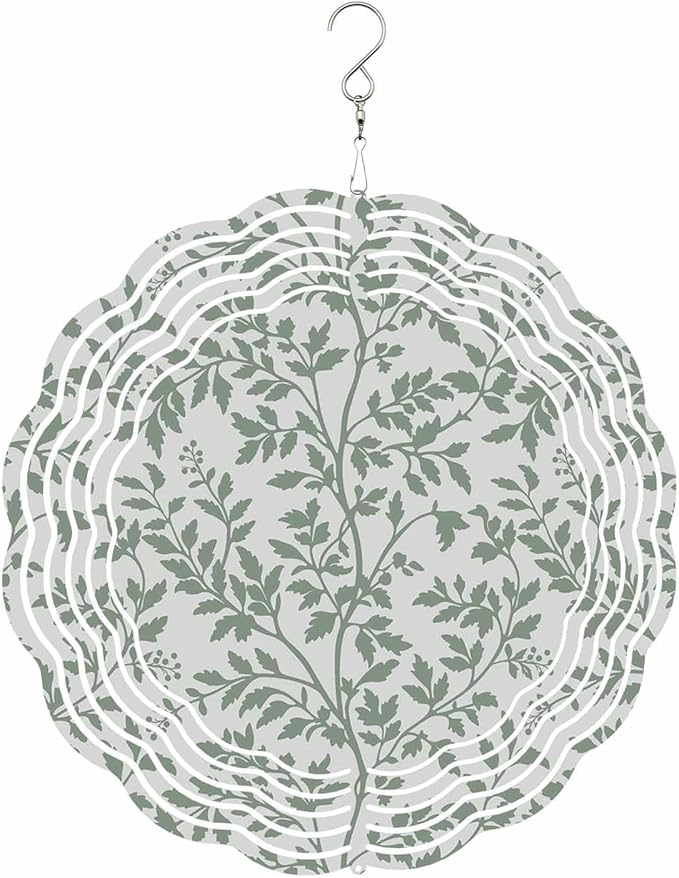 Stainless Steel Wind Spinner for Yard Garden Decoration, Pale Green Botanical Leaves Pattern Round Wind Sculpture Spinner 3D Crafts Hanging Ornaments for Indoor Outdoor, 8 Inch
