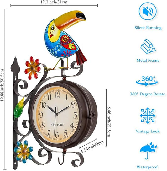 Vintage Indoor Outdoor Clock - Silent Non-Ticking, Double Sided Wall Clock with Toucan Decor Waterproof for Garden, Patio, Yard, Farmhouse, Home Décor (Blue)