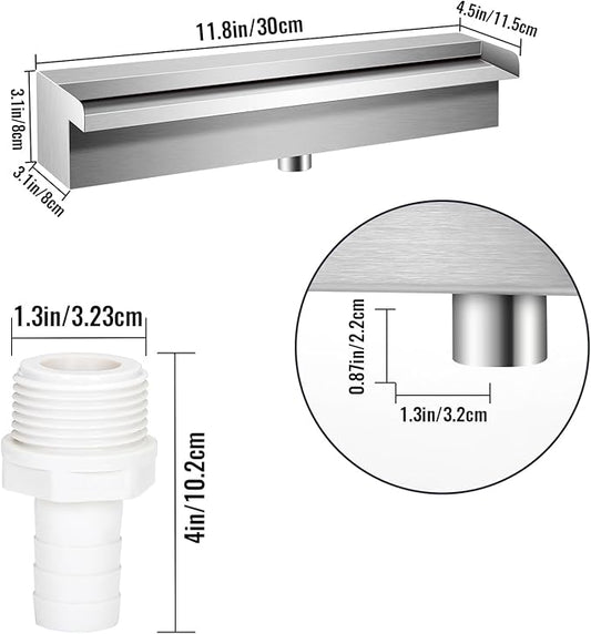 Pool Waterfall Fountains, Stainless Steel Rectangular Pool Waterfall Spillway with Pipe Connector for Indoor/Outdoor Decorative (11.8 Inch)