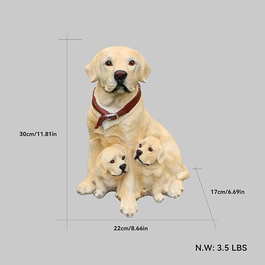 Labrador Retriever Outdoor Dog Family Statue with Reversible “Welcome/ON Patrol” Hanging Plaque and Solar Lantern, Yellow Mom with Two Puppies, Sitting Yard Greeter