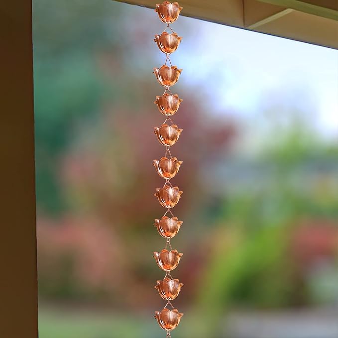 Monarch Rain Chains Pure Copper Lotus Rain Chain with Gutter Adapter, 8.5 ft Decorative Downspout Replacement & Copper Rain Chain Gutter Adapter
