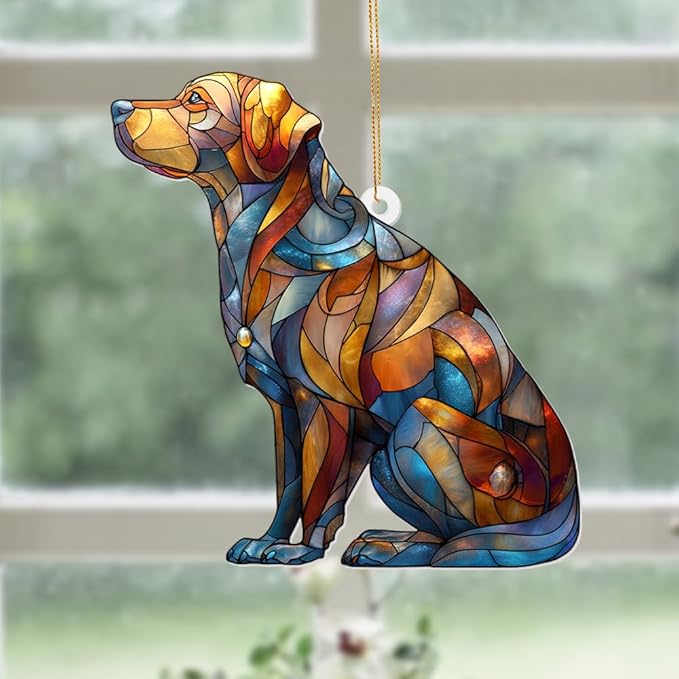 Acrylic Stained Glass Style Dog Ornament โ Labrador Retriever Window Hanging Suncatcher, Pet Memorial Keepsake for Dog Lovers, Christmas Tree Decoration, Animal Decor Gift(Sun-07)
