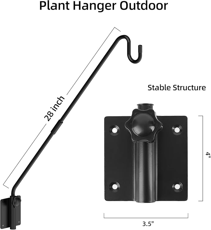 Deck Hook Wall Mounted - Heavy Duty Metal Shepherds Hook Bracket for Outdoor Plant Hanger, Bird Feeder Hanger, Plant Hooks, Flower Baskets, Lanterns - 360° Rotating Pole, Extended Arm