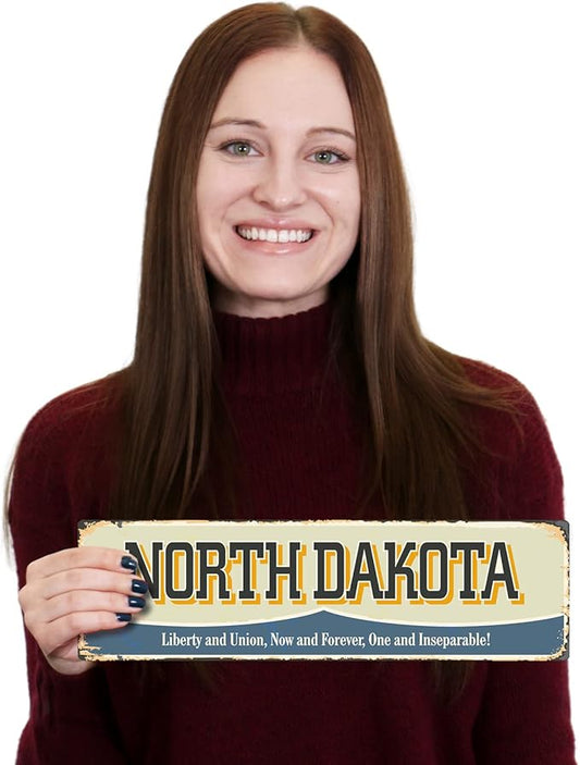 SmartSign 4 x 14 inch North Dakota State Vintage Metal Sign “Liberty And Union”, 40 mil Rustproof Aluminum with Clear Overcoat, Retro Wall Décor, Multicolor, Made in USA