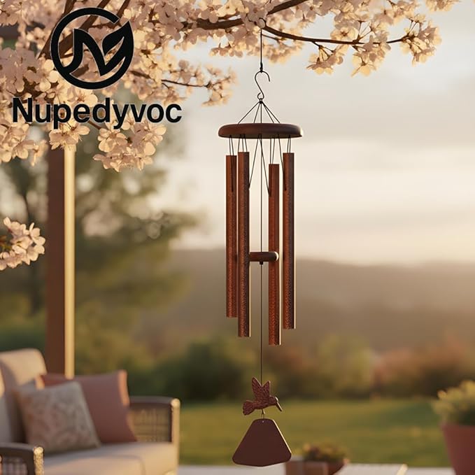 32โ Large Matte Antique Bronze Hummingbird Aluminum Wind Chimes with Iron Cap for Outside, Deep Tone Outdoor Garden Patio Waterproof Decor, Ideal Gift for Mother's Day, Meditation, Relaxation