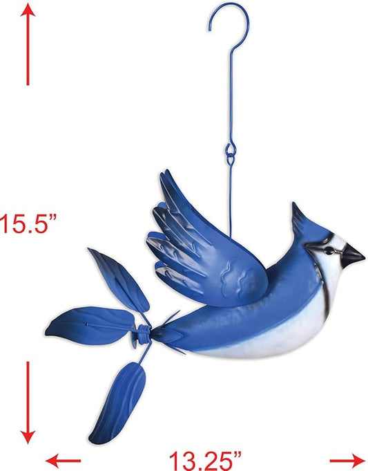 Sunset Vista Designs Rustic Garden Decor Outdoor Garden Decoration Hanging Spinner, 15.35" L x 13.25" W x 9" H, Blue Jay Bird