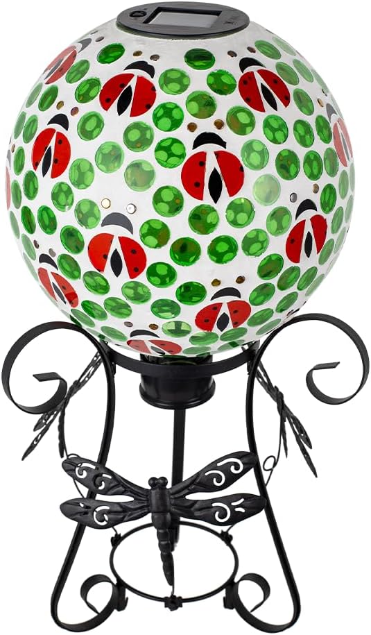 Stargarden Solar Gazing Ball, 10”Glass Gazing Globe, Mosaic Gazing Balls with Metal Ball Stand for Patio, Lawn, Garden Decor(Ladybug)