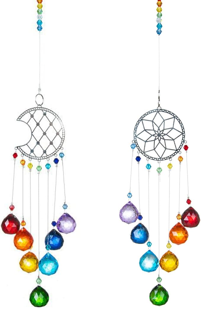 Crystal Moon Suncatcher Stained Glass Beads Rainbow Maker Window Wall Hanging Prism Pendant Garden Outdoor Home Decor Ornaments