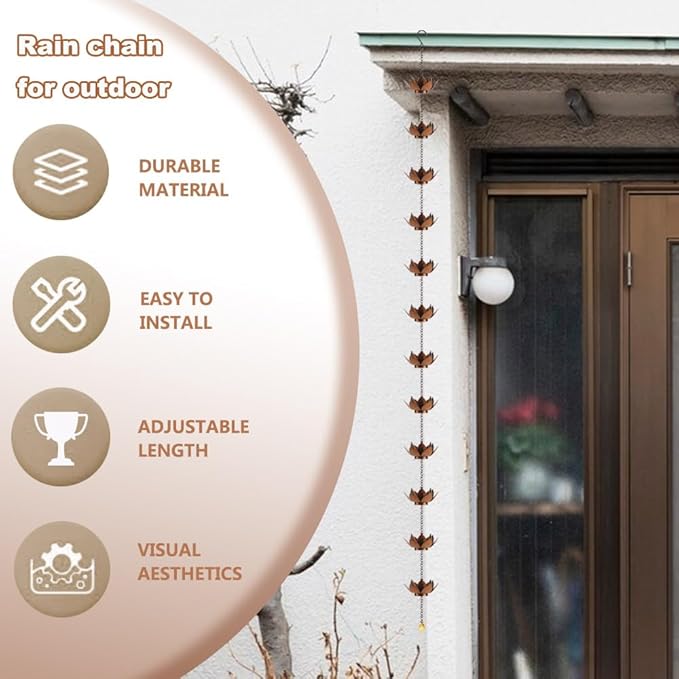 8.5 ft Lotus Rain Chain, 12 Cups Decorative Rain Chains for Gutters, Replacement for Downspout, Adjustable Length