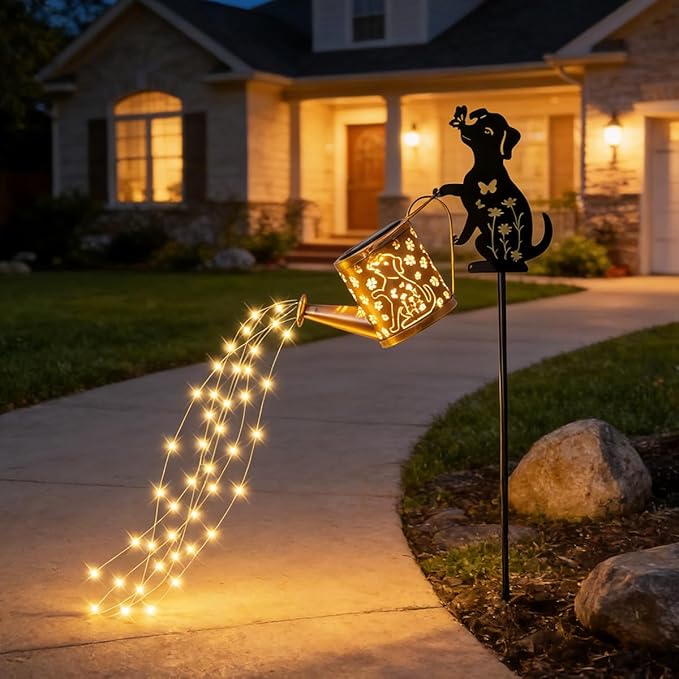 Outdoor Solar Dog Garden Decorative,Solar Watering Can with Light, Featuring Metal Dog Statue Silhouette Stake, Day Gift for Women, for Outside Landscapes,Lawn, Path Decoration