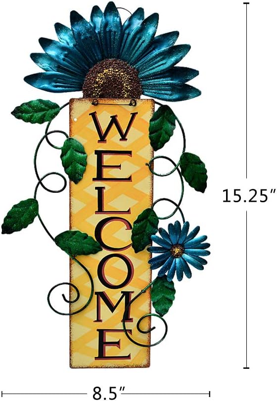 Metal Welcome Sign Hanging Flower Signs Wreath Decor - Rustic Decorative Door Hanger Indoor Outdoor Spring Decoration for Front Door Porch Wall (Blue)