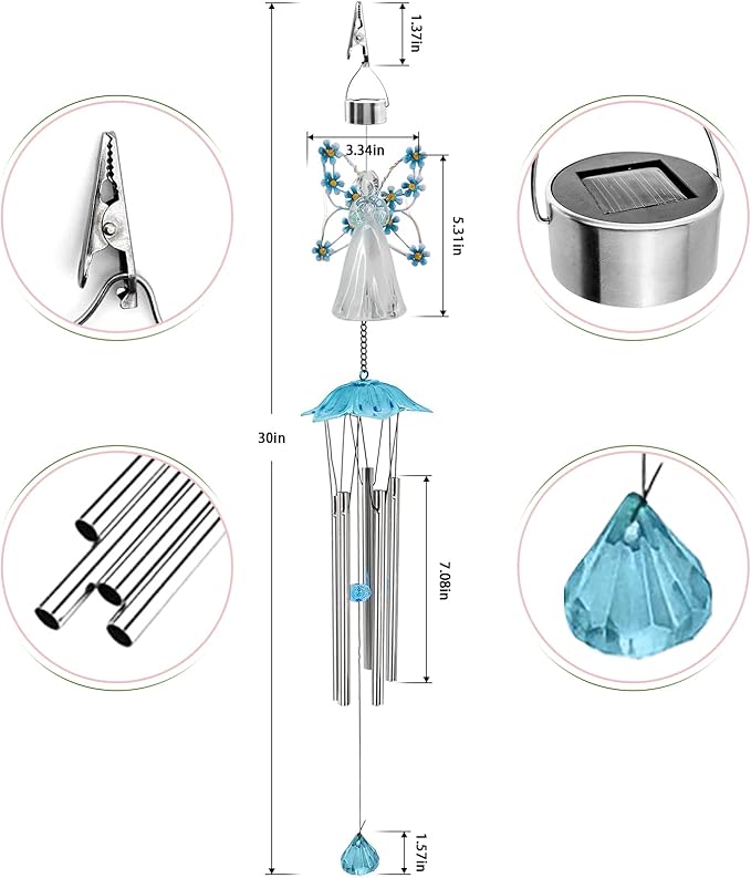 Solar Angel Wind Chimes - Outdoor Garden Decoration, Waterproof Solar Hanging Wind Chimes Lights for Garden, Window, Gazebo, Patio, Gifts for Women (Blue)