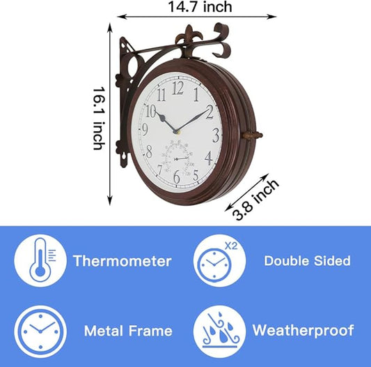 BESTIME 66276A Double Sided Metal Wall Clock with Antique Red Copper. Dial: 10-Inch,Thermometer, Quiet,Easy Read,Retro Station,Antique Hanging Clocks for Garden,Home Decor,Indoor,Outdoor,Living Room.