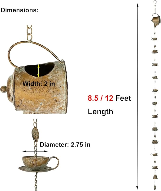 Jemeni Teapot & Teacups Rain Chain, 12 Ft Decorative Downspout Alternative, Rustic Metal Rain Water Feature with Artificially Aged Patina Finish, with Bell & 15 Hanging Cups