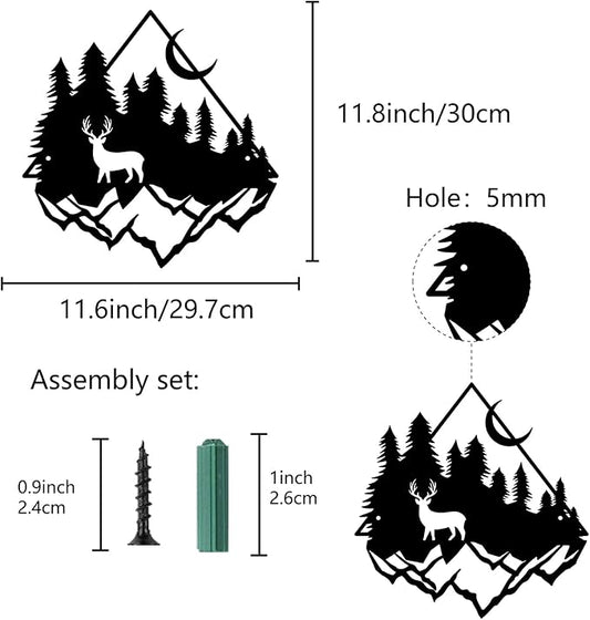 CREATCABIN Deer Pine Tree Metal Wall Art Decor Mountain Forest Black Wall Signs Iron Hanging Metal Ornament Sculpture for Balcony Garden Home Bedroom Decoration Outdoor 11.8x11.6Inch