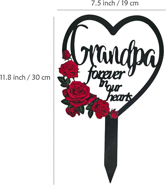 AIM & GGKK Memorial Stake for Grandpa - Metal Heart Grave Marker with Red Roses, Memorial Plaque Cemetery Decor for Grave, Garden, Gravesite