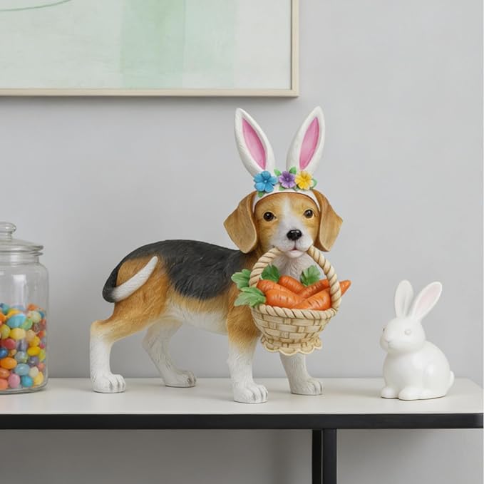 Cynkeyee Dog Garden Statue Decoration - Cute Puppy Beagle Statues with Bunny Ears Carrot Basket Figurines for Tabletop Self Floor Indoor Decor 11.5x4x10.5 inch